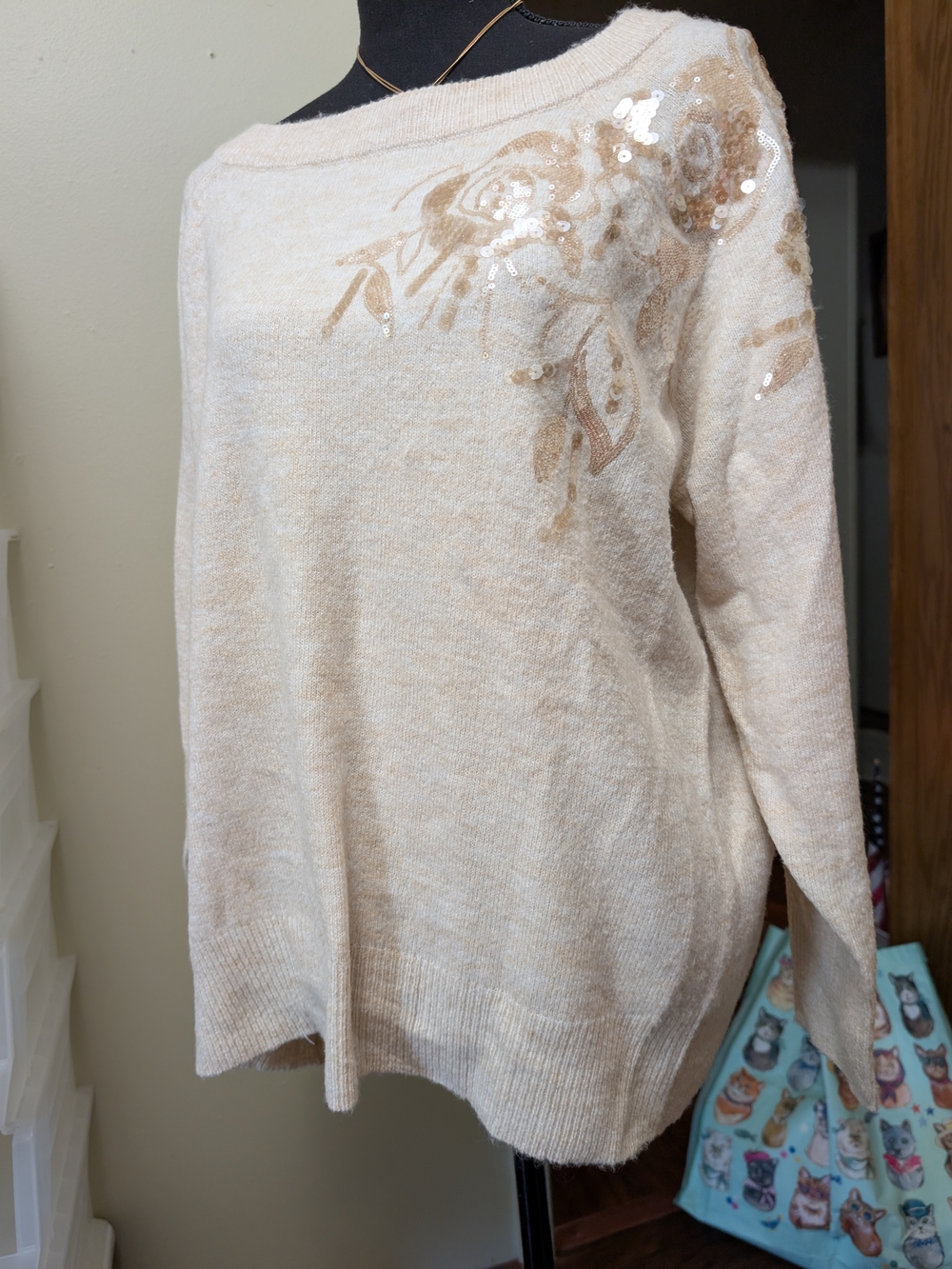 Catos Limited Breathable Cream Sequin Floral Boatneck Sweater-XL
